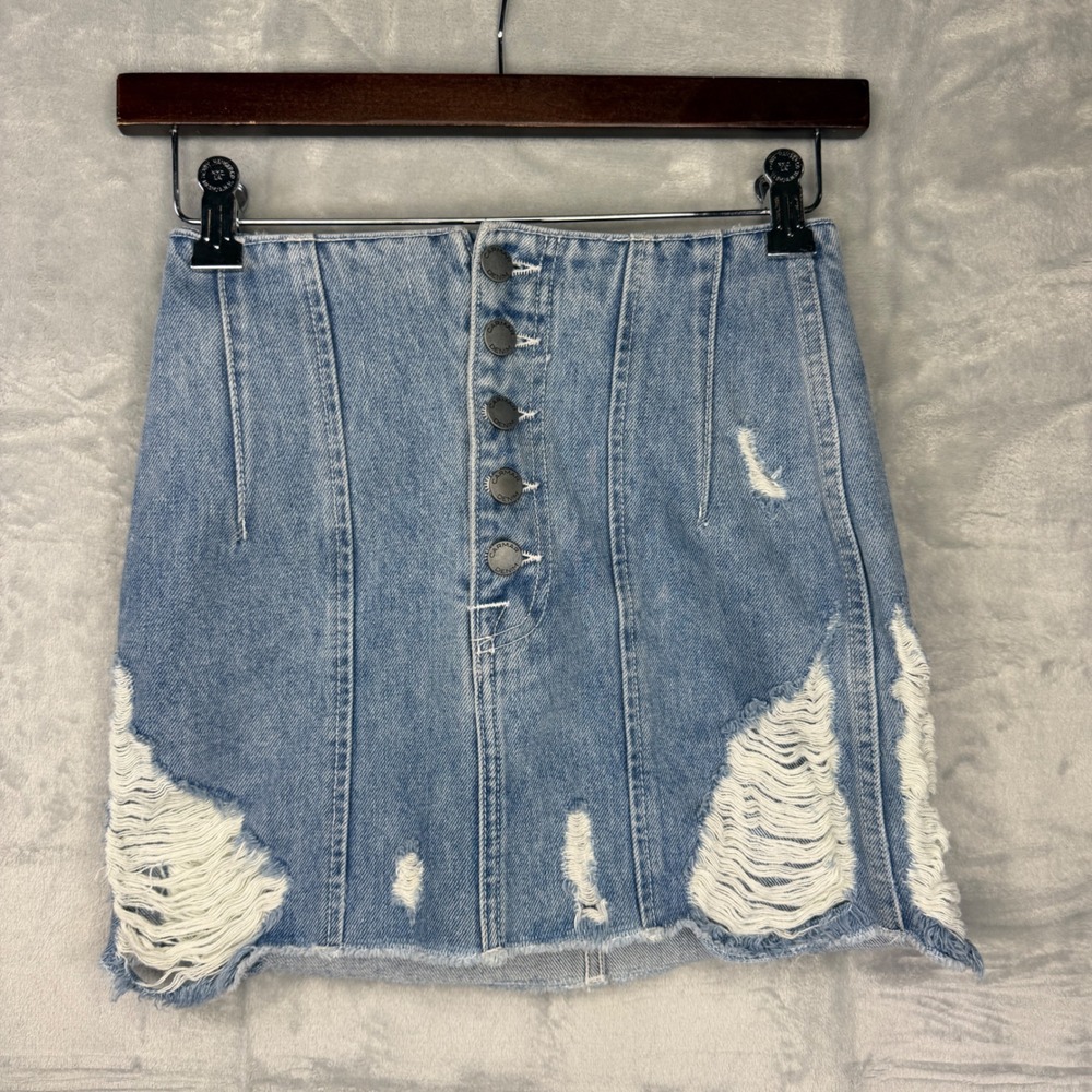 Carmar Denim Distressed Mini Skirt Womens 23 Light Blue High Rise Button Fly